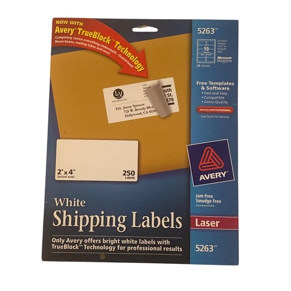Avery 5263 True Block Shipping Labels White Laser 2" x 4" 250 Labels 25 Sheets - Picture 1 of 4